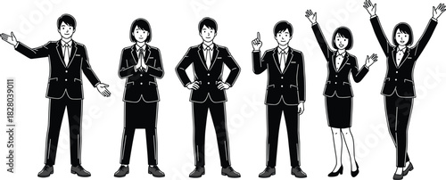 Business team silhouette illustration, six professionals in formal attire with expressive poses, corporate presentation concept, vector drawing art