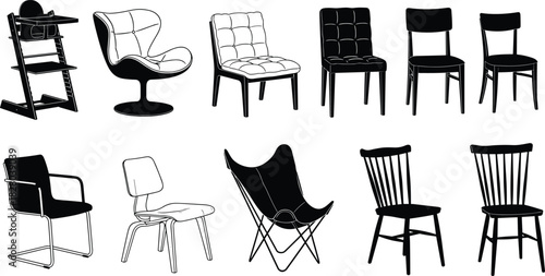 Chair design illustration, ten furniture styles, modern and traditional seating, interior decor concept, ergonomic variety vector drawing