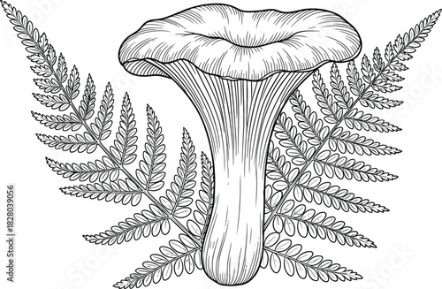Chanterelle mushroom illustration, fern fronds background, botanical line drawing, forest fungi art, nature study composition, black and white sketch