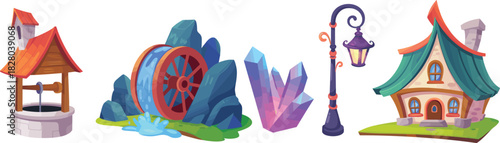Set of cartoon fantasy game assets including water mill magic crystals stone well street lamp and fairy house vector illustration.