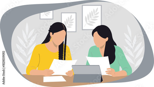 Collaborative review illustration, two individuals reading documents at table with tablet, calm planning scene, botanical background vector art