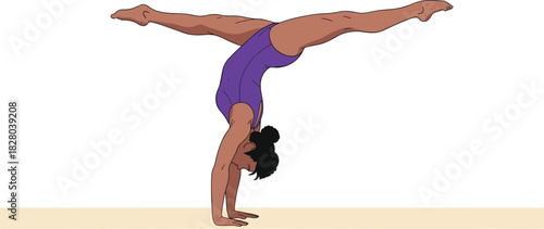 Gymnastics balance beam illustration, handstand split pose in purple leotard, athletic flexibility and strength concept, vector drawing art