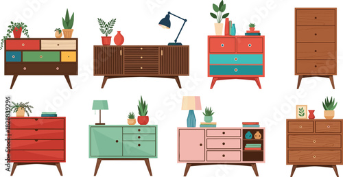 Mid-century modern dresser illustration, colorful sideboard designs, home decor furniture styles, interior inspiration vector drawing art