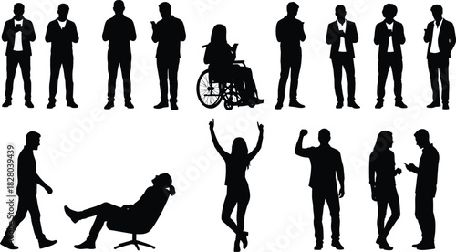 Silhouette activity illustration, diverse human poses and gestures, wheelchair and walking figures, social interaction concept, vector drawing art