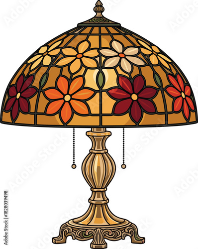 Stained glass table lamp illustration, floral mosaic lampshade with ornate base, Tiffany-style lighting concept, vector decorative art