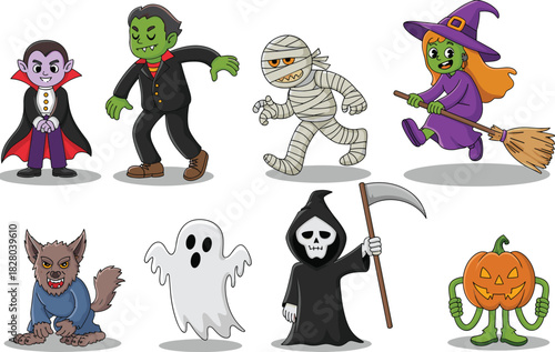 Set of cute cartoon Halloween characters including vampire zombie mummy witch werewolf ghost grim reaper and pumpkin monster vector illustration.