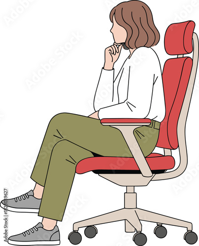 Thoughtful seated posture illustration, person in office chair with hand on chin, ergonomic workspace concept, vector drawing art