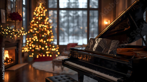 Luxury Christmas Jazz living room Interior elegant holiday perfect for relaxing music backgrounds. festive holiday scenes with piano and fireplace create warm and inviting atmosphere