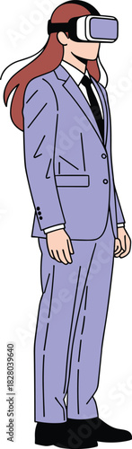 VR headset illustration, formal suit character, virtual reality in business, tech and fashion fusion, modern professional vector art