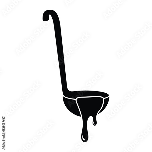 Black ladle with dripping liquid on white background 1