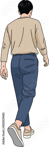 Walking away illustration, casual outfit character, beige shirt and sneakers, rear view pose, modern lifestyle vector drawing art