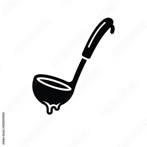Black ladle with dripping liquid on white background