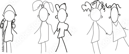 Simple black and white sketch of people standing in groups talking