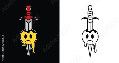 Sad Melting Smiley Face Stabbed by Dagger Illustration Cartoon Dark Humor