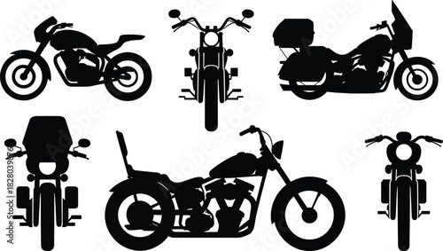 Set of motorcycle silhouettes vector illustration collection of motorbikes front and side view black icons isolated on white background.