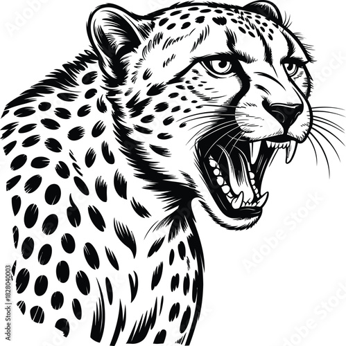 Vector Illustration of Aggressive Cheetah Head with Open Mouth