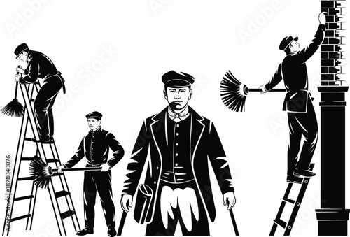 Vintage chimney sweep worker silhouettes set cleaning brick chimneys using ladders and brushes vector illustration isolated on white.