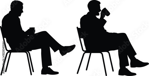 Silhouette of man sitting on chair with crossed legs drinking coffee and holding mug vector illustration isolated on white.