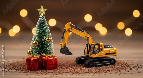 Yellow Excavator Toy with Christmas Tree and Red Gifts on Brown Surface