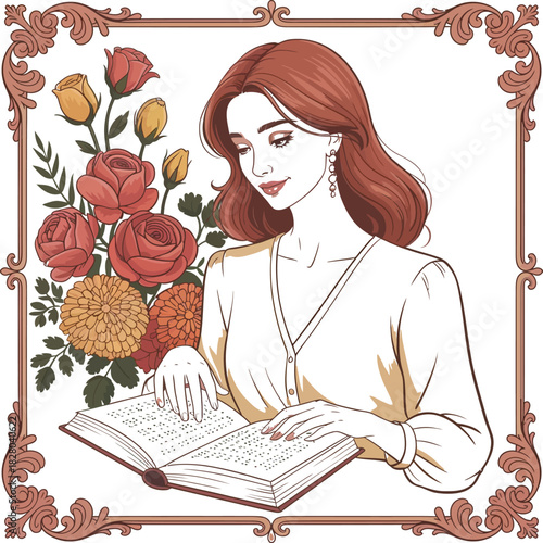 Woman reading braille book with roses and ornate frame tactile