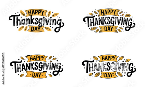 Happy thanksgiving day decorative lettering with autumn leaves for seasonal celebration design
