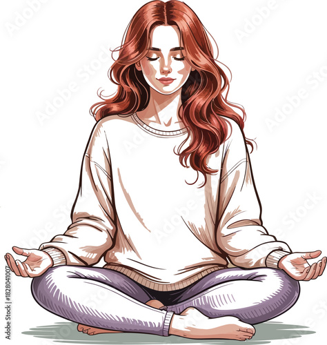 Woman with long auburn hair meditating in lotus pose wearing white sweater meditation