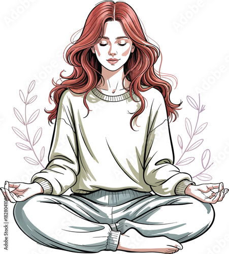 Woman with long wavy red hair meditating in lotus pose meditation yoga