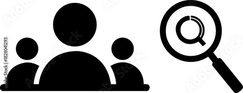 Magnifying glass examining a group of people in a simple silhouette style