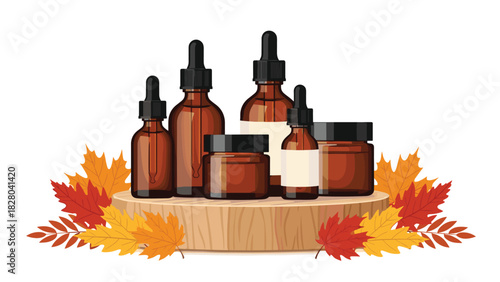 Elegant amber glass bottles with dropper caps and jars for autumn skincare and aromatherapy products on rustic wood with fall leaves