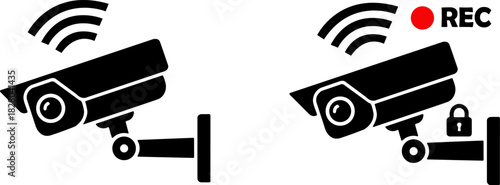 Two security camera icons showing recording and wireless connectivity silhouette