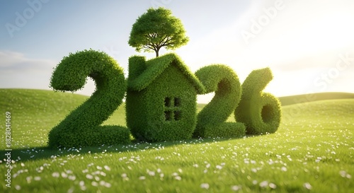 Fototapeta Naklejka Na Ścianę i Meble -  Green 2026 concept with house and tree on a meadow