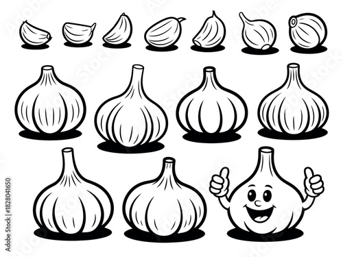 A collection of garlic illustrations, from cloves to whole bulbs, including a cheerful anthropomorphic garlic character giving a thumbs up.