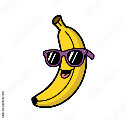 A smiling cartoon banana wearing sunglasses is a fun and quirky character representing healthy eating and a playful lifestyle.