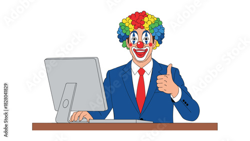 Funny clown businessman gives thumbs up in modern office with computer, great for concepts of humor, success, job well done, positivity