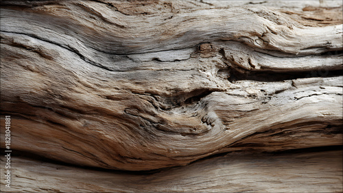 A close-up texture of driftwood showing smooth worn surfaces shaped by water with natural grain details