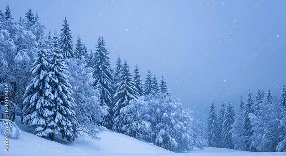 Fototapeta premium Snow-covered fir trees in a tranquil, snowy landscape, representing winter, calmness, and the beauty of nature, suitable for serene concepts