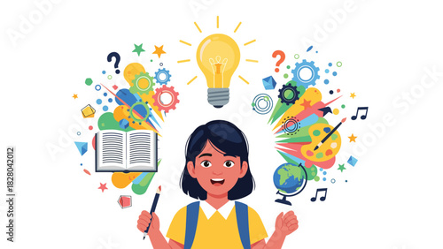 Inspiring bright student with school supplies, celebrating learning and creativity, fostering education and imagination for future success