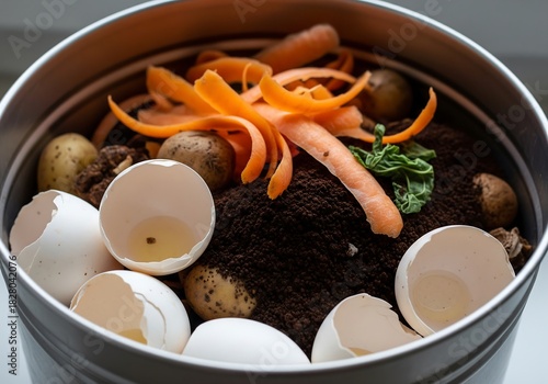 Kitchen Compost with Potato Scraps, Carrot Peels, Eggshells and Coffee Grounds, Sustainable Texture and Dirty Ecology

