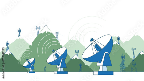 Communications infrastructure featuring satellite dishes and towers against a mountain backdrop for telecommunications technology development concepts