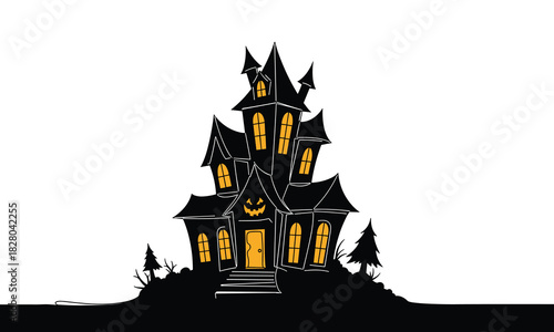 Spooky halloween haunted house illustration with glowing windows isolated on white background