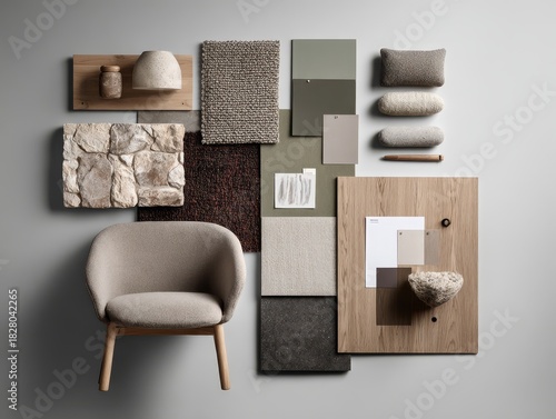 This moodboard features a mix of natural materials and soft colors typical of Scandinavian design, ideal for creating serene living spaces