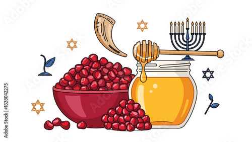 Celebrate Rosh Hashanah with sweet honey, vibrant pomegranates, and the warm glow of the menorah for a joyous holiday season