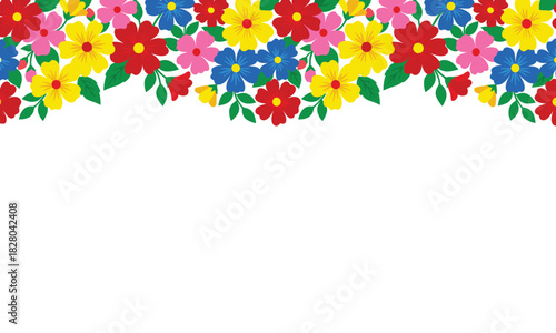 Vibrant assortment of colorful daisy like flowers bordering a white background isolated on white background