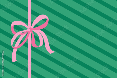 Christmas background with pink hand drawn ribbon bow and copy space. Gift wrapped in green striped paper. Flat style vector illustration  EPS10 for greeting card, festive banner.
