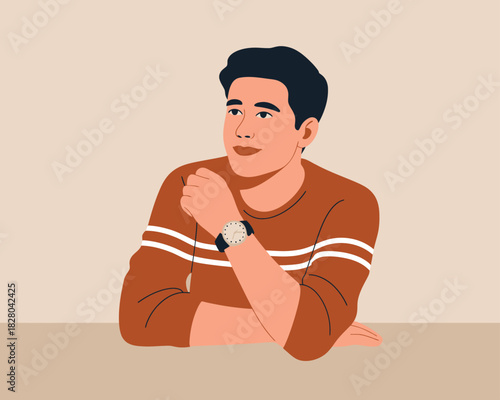A man wearing a wristwatch is looking away thoughtfully while resting his chin on his hand.