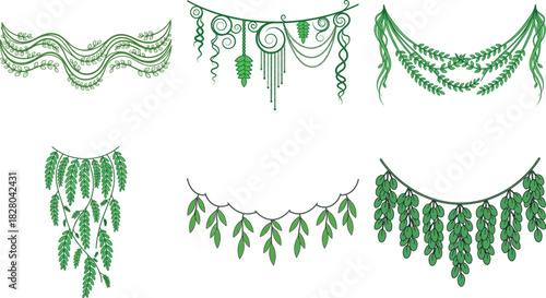 Collection of green wisteria vine garland designs isolated on transparent background for decoration and embellishment