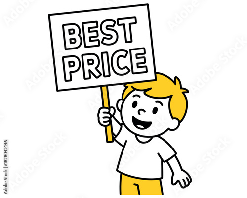 A cartoon boy is happily holding a sign that says "Best Price".