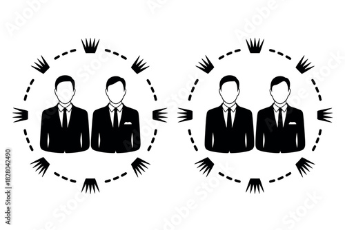 Two pairs of businessmen are shown in a diagram with surrounding crowns, representing teamwork and success.