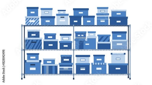 Organized blue boxes stacked neatly on metal shelving, perfect for storage solutions in homes and businesses, promoting efficiency