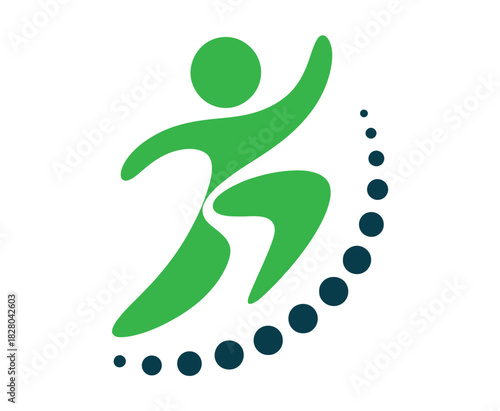 A stylized green human figure leaping forward in a dynamic pose.